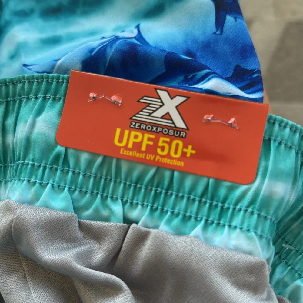Zero Xposur blue green shark print swim trunks and goggles set size 14/16